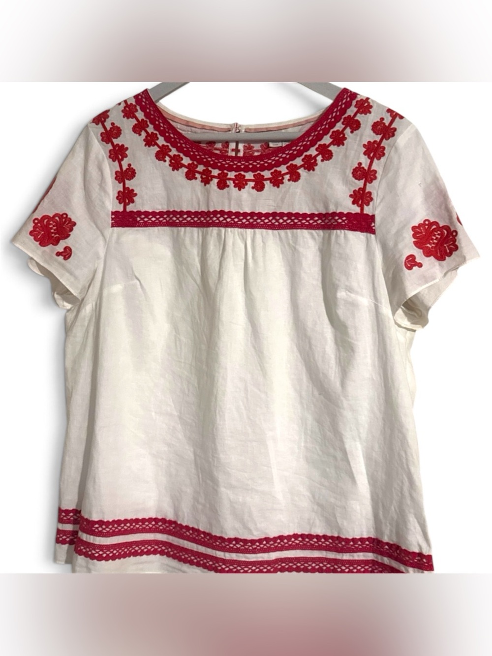 Boden White Short-Sleeve Tunic with Red Floral Embroidery